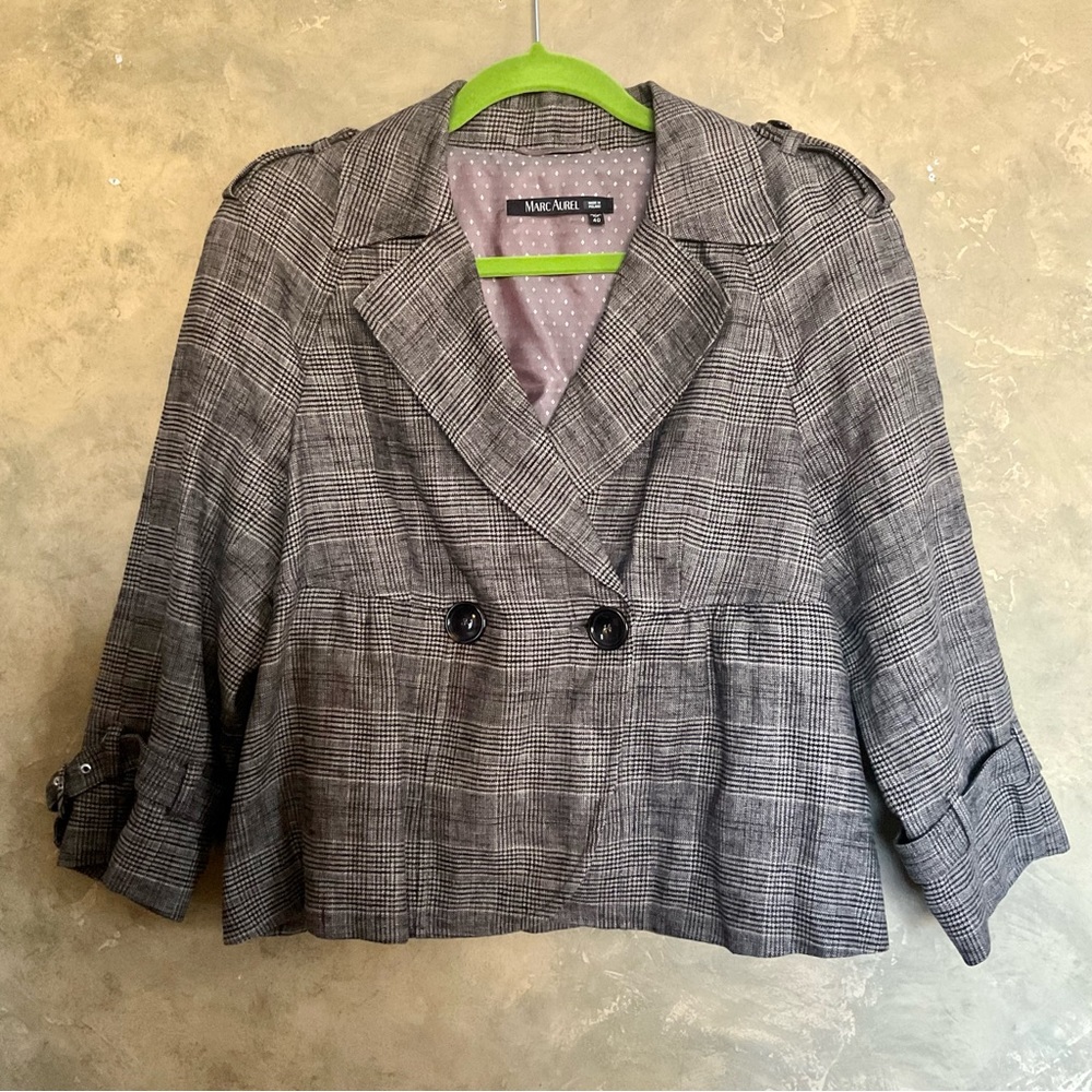 Marc Aurel Plaid Linen Cropped Blazer Jacket Glen Check Summer Tailored M L